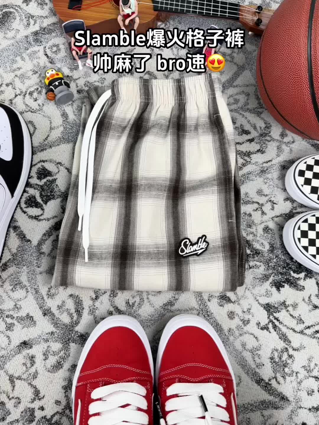 Slamble杏咖色格子裤