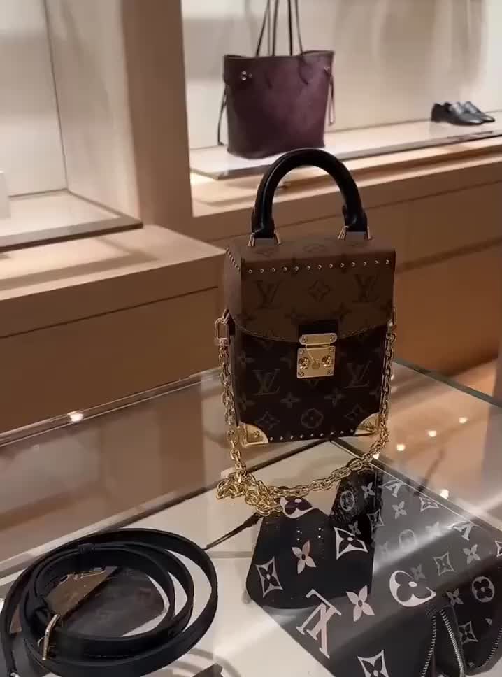 Louis Vuitton Camera 老花满印锁扣开合链条牛皮革手提单肩斜挎包 棕色